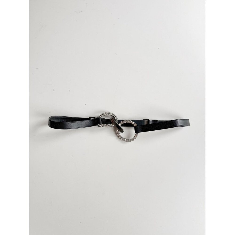 SUZI ROHER Black Leather Crystal Buckle Elastic Stretch Belt, Size XL